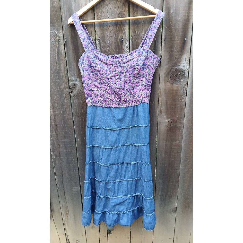 Boho Upcycled‎ Denim&Purple Floral Bust Dress W/adjustable Straps S/m